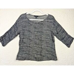 Eileen Fisher Sweater Womens Medium Gray Open Knit Linen Pullover 3/4 Sleeve